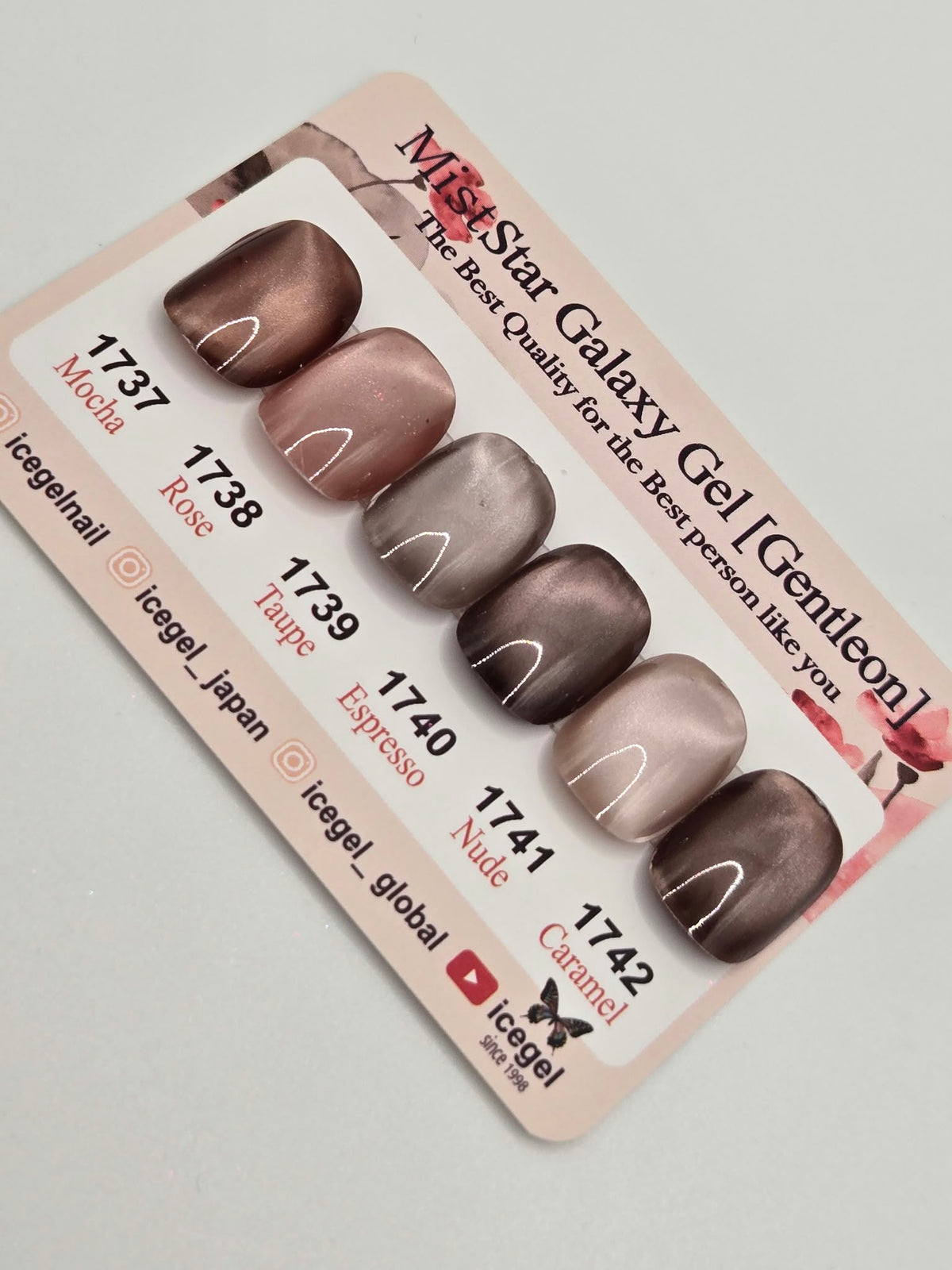 ICEGEL Cashmere swatches with colour names and numbers 1737–1742
