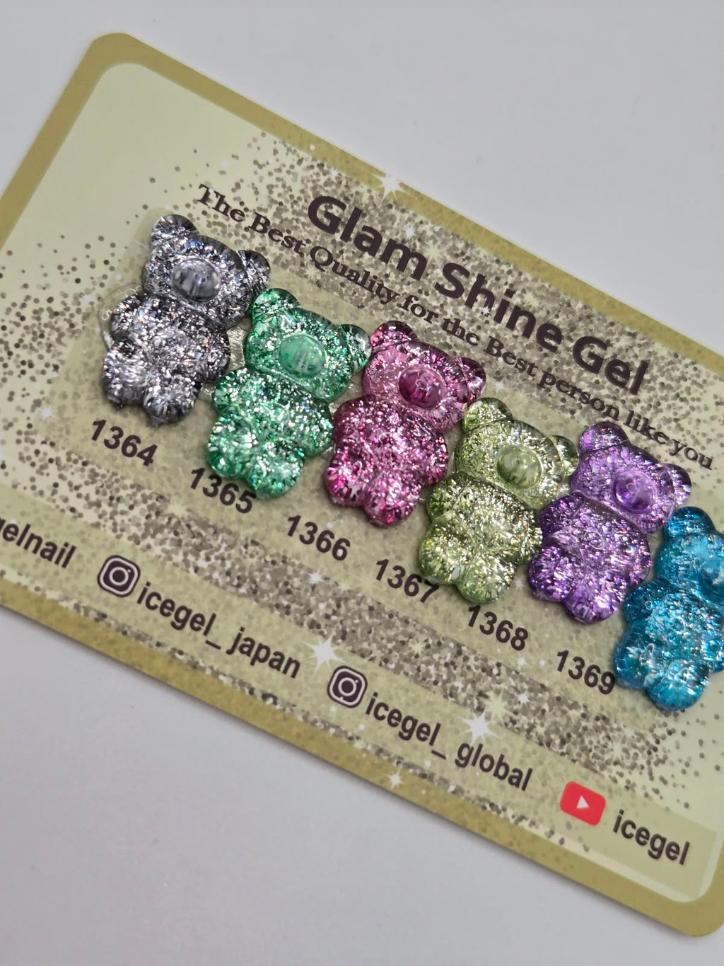 Close-up of six ICEGEL Glam Shine glitter colours