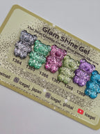 Close-up of six ICEGEL Glam Shine glitter colours