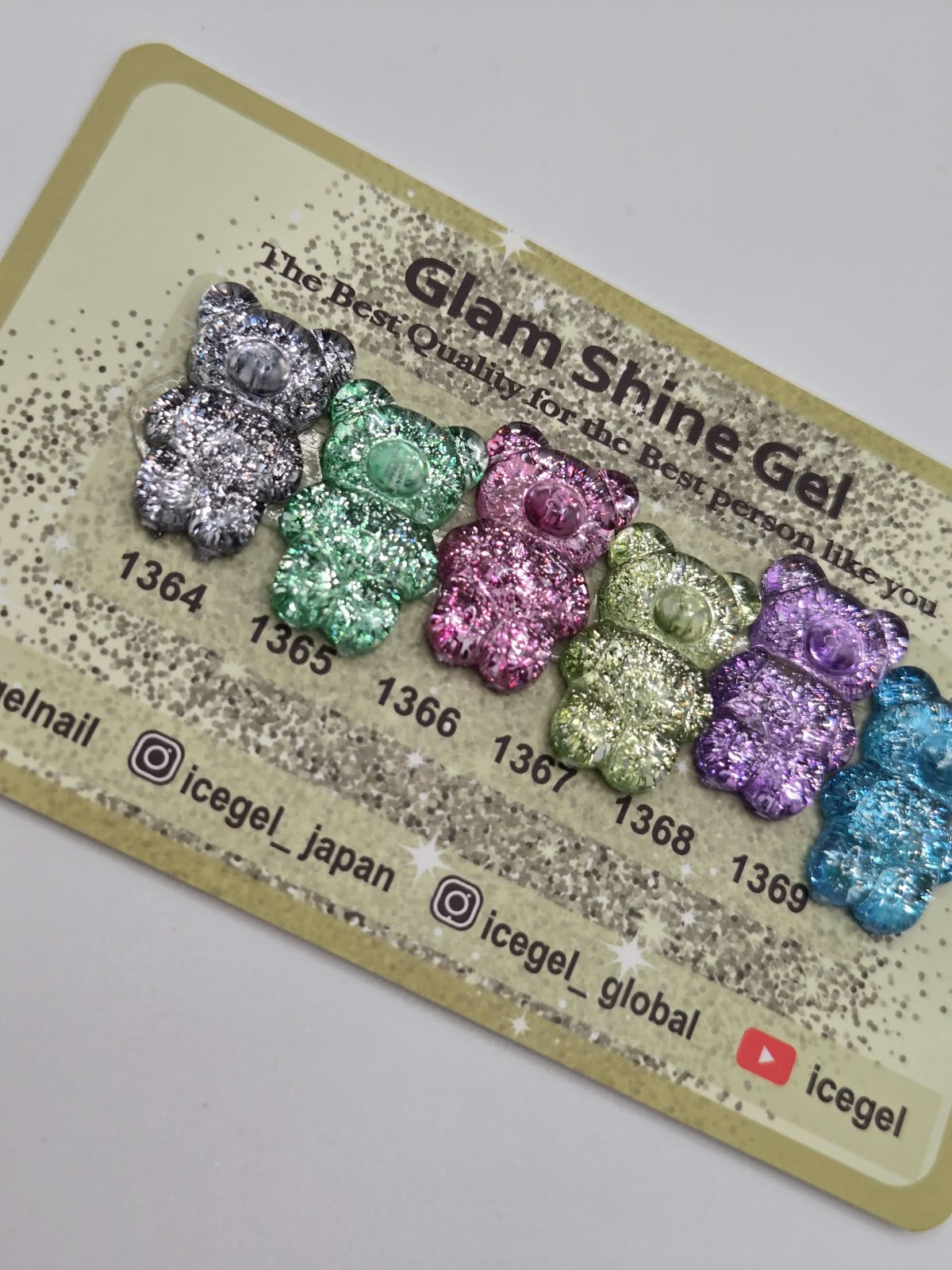 Close-up of six ICEGEL Glam Shine glitter colours