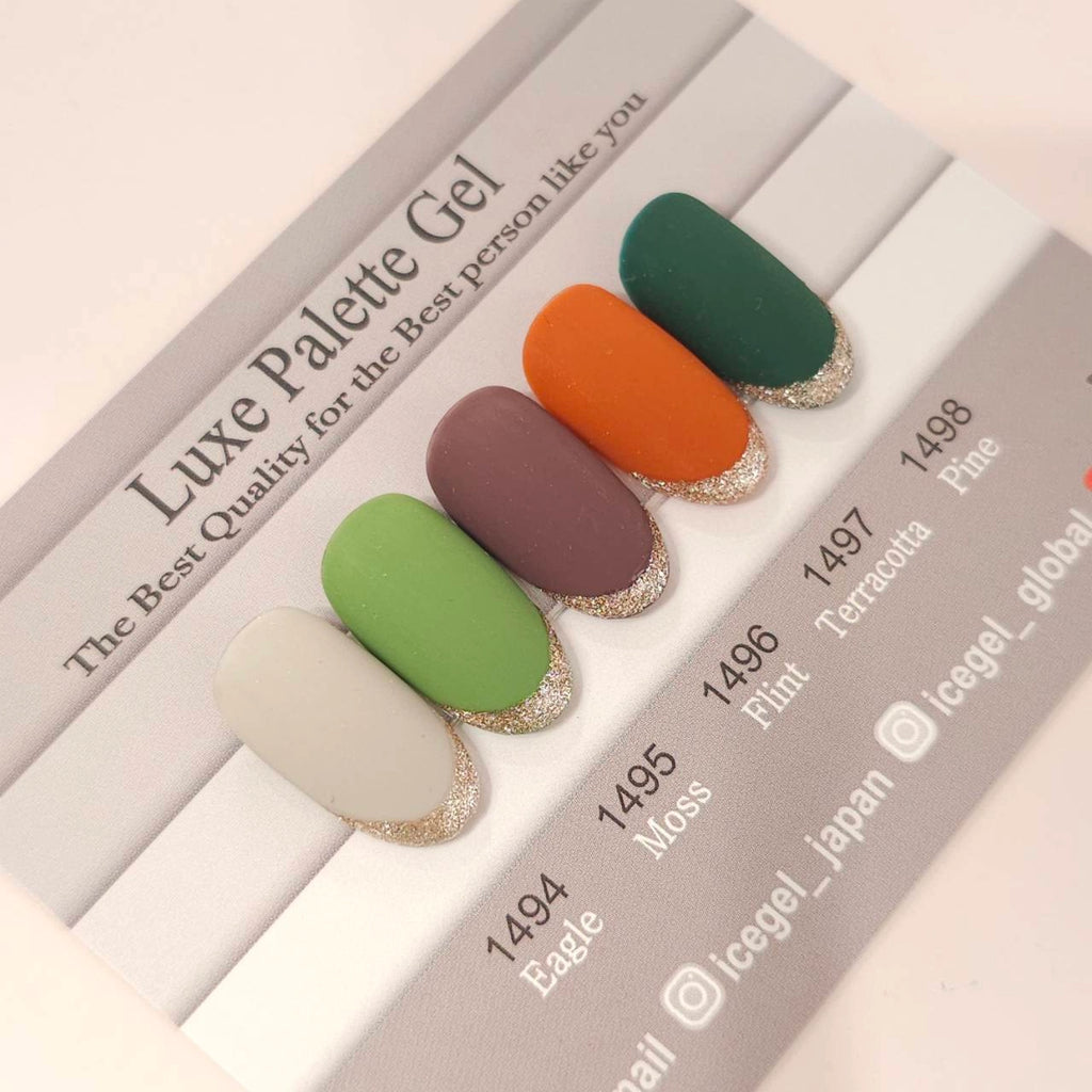 ICEGEL Luxe Palette solid colour gels 1494–1498 – swatches and nail art